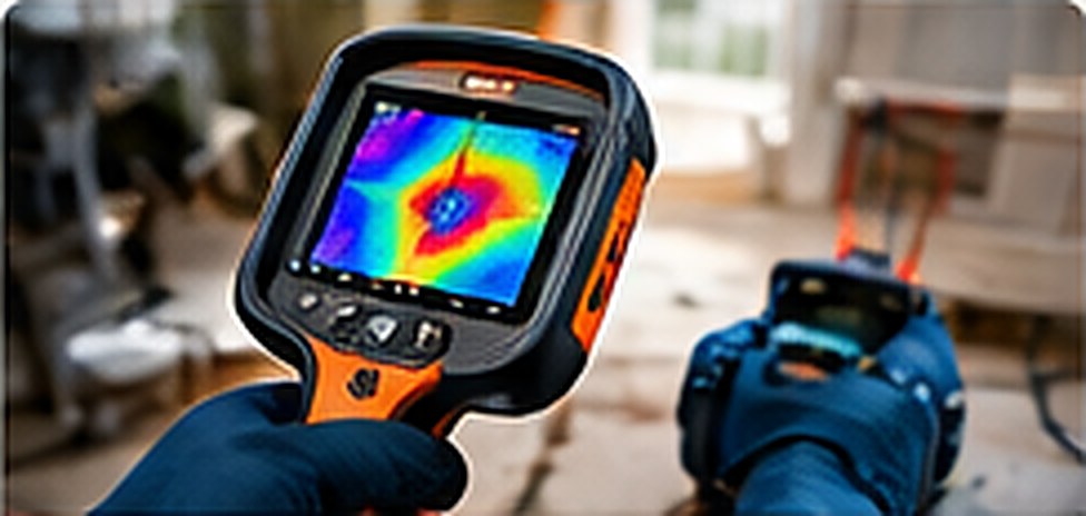 Plumber using thermal imaging equipment for slab leak detection
