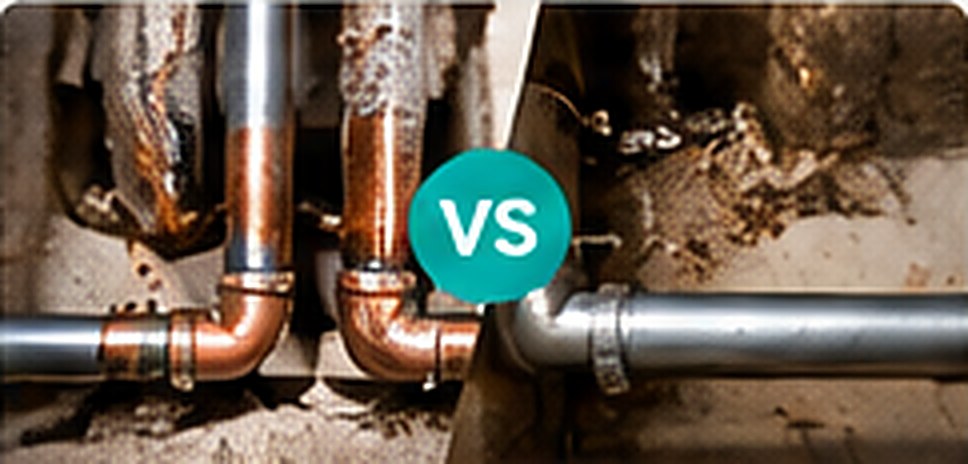 Exposed plumbing pipes comparing slab leak repair and rerouting