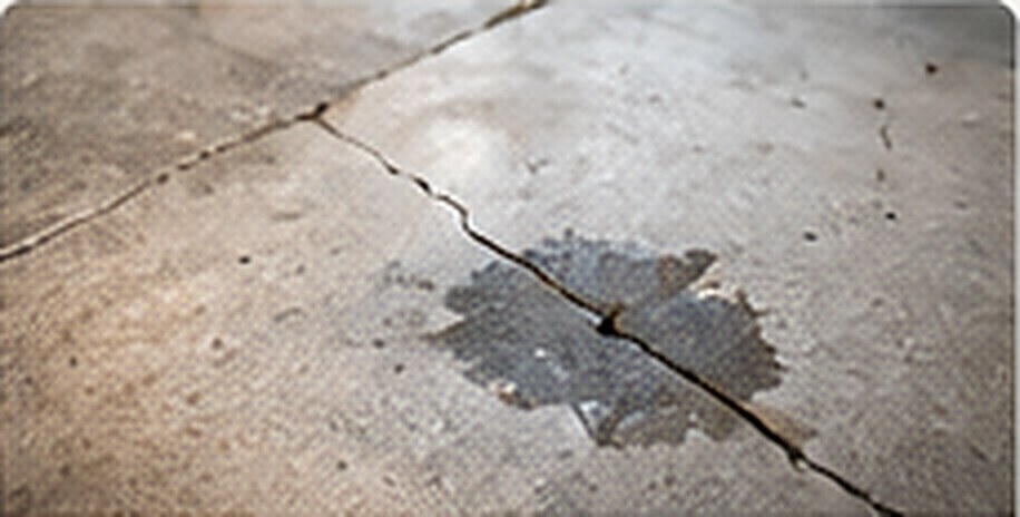 Cracked, wet concrete slab showing a visible slab leak