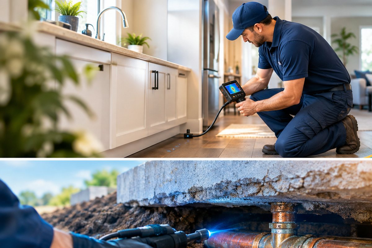 Illustrative plumber investigating a possible hidden slab leak