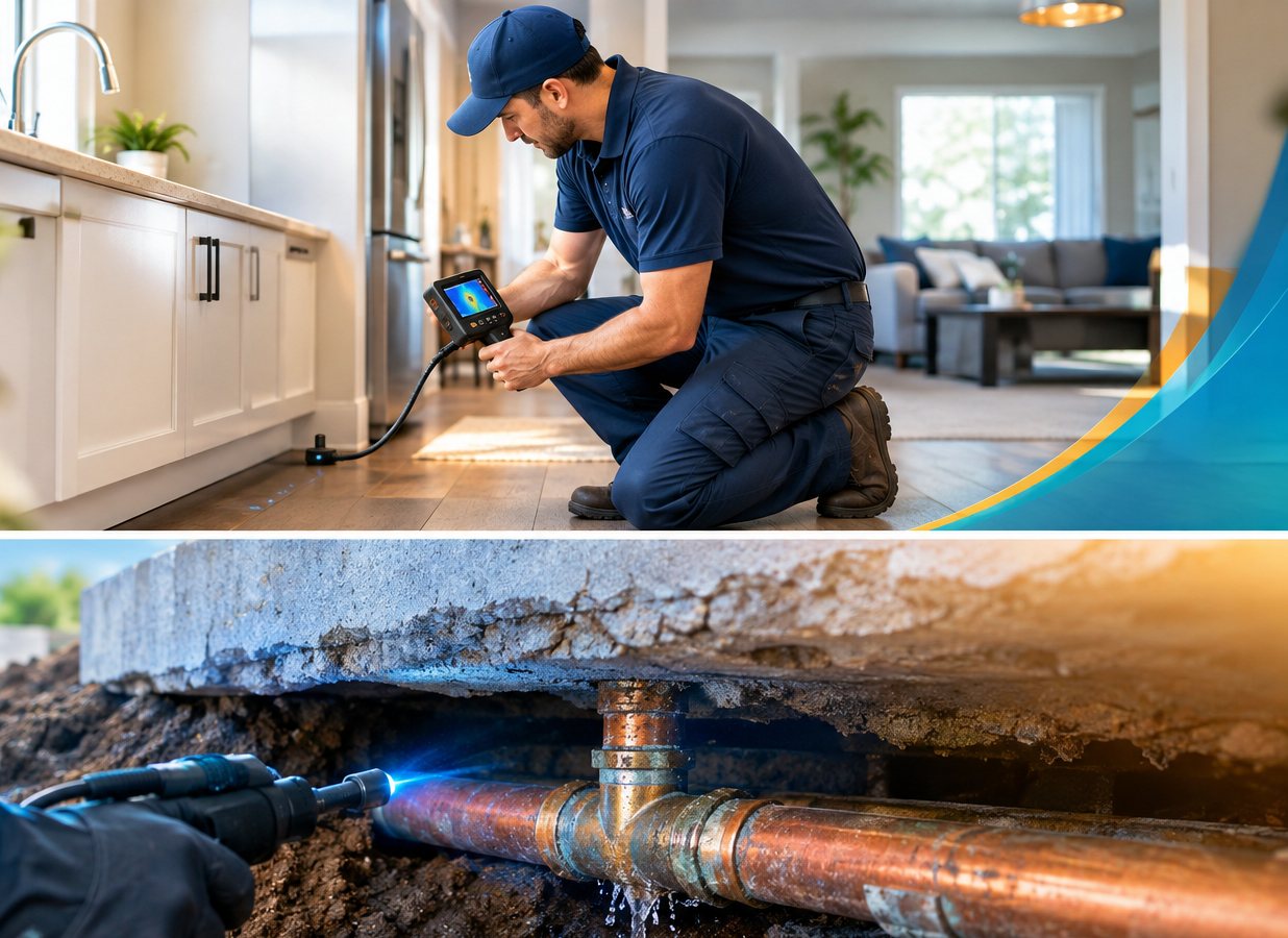 Illustrative electronic plumbing leak detection beneath a concrete slab