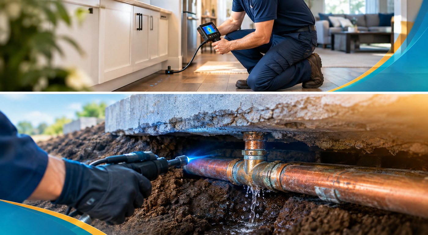 Illustrative under-slab pipe inspection and repair scene
