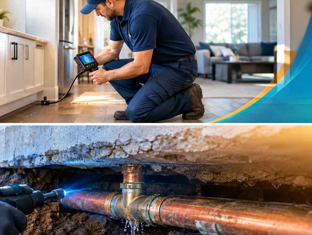 Illustrative copper pipe beneath a concrete slab during leak repair