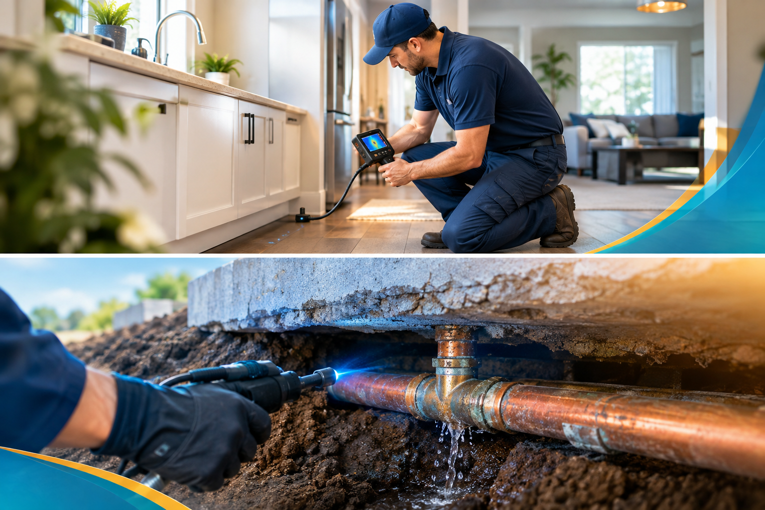 Illustrative plumbing inspection and under-slab leak scene